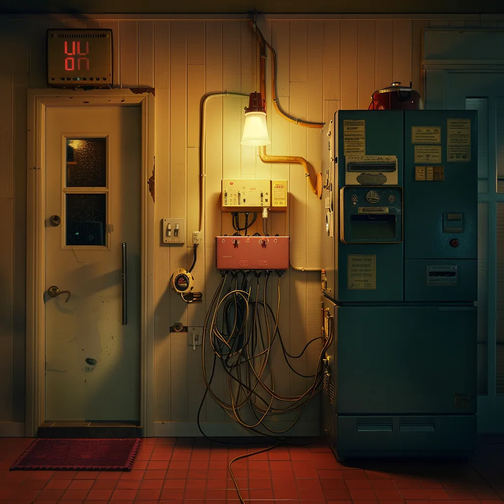 A retro utility room with electrical panels, a fridge, and a door with a window.