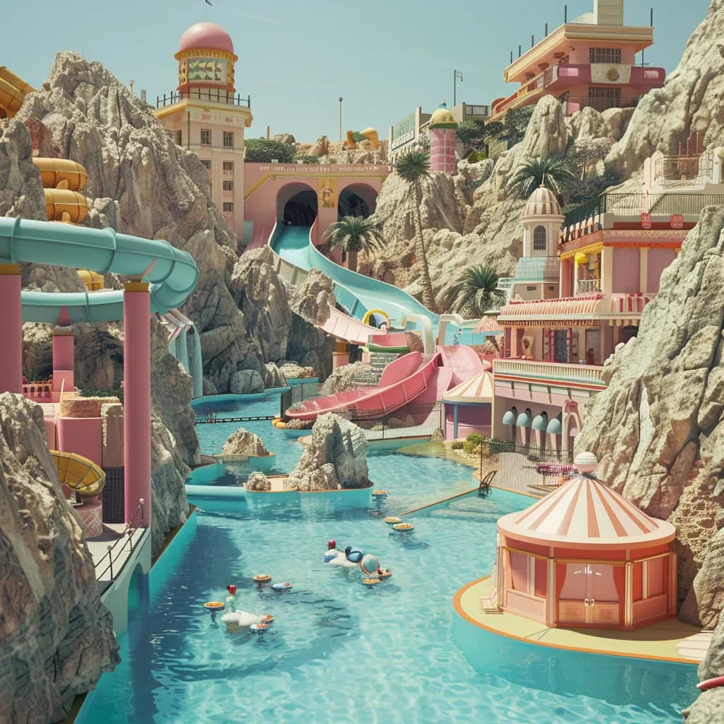 A colorful water park with slides, pools, and people floating on tubes.