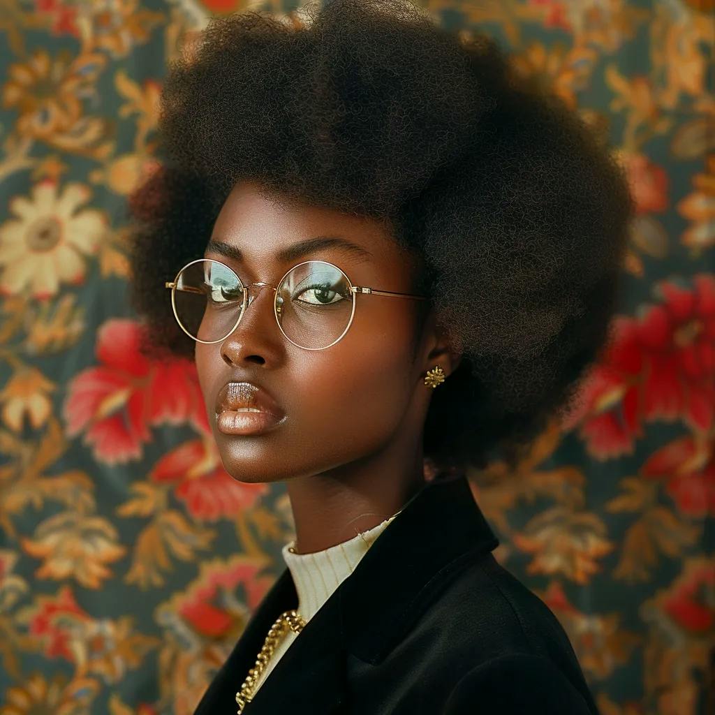 A woman with an afro hairstyle, round glasses, earrings, and a blazer against a floral background.