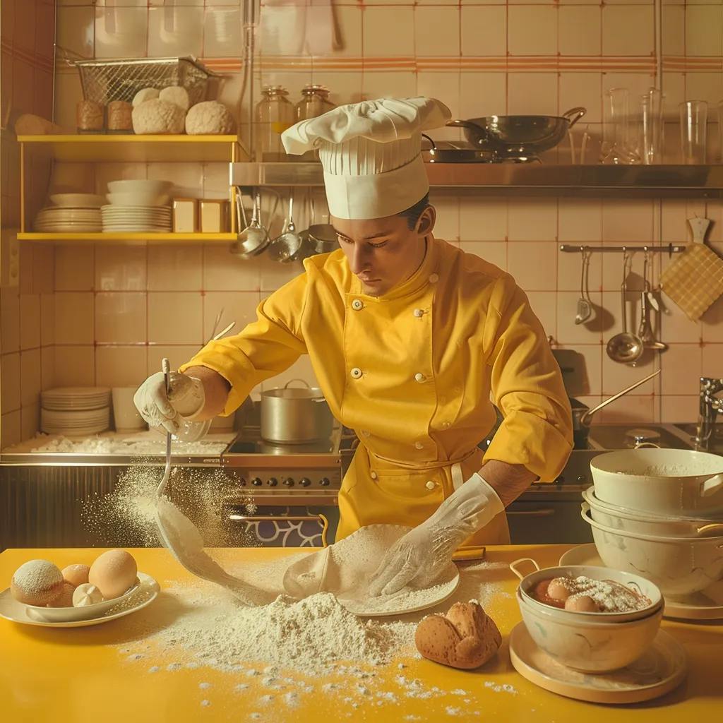 A chef in a yellow uniform is sifting flour in a kitchen.