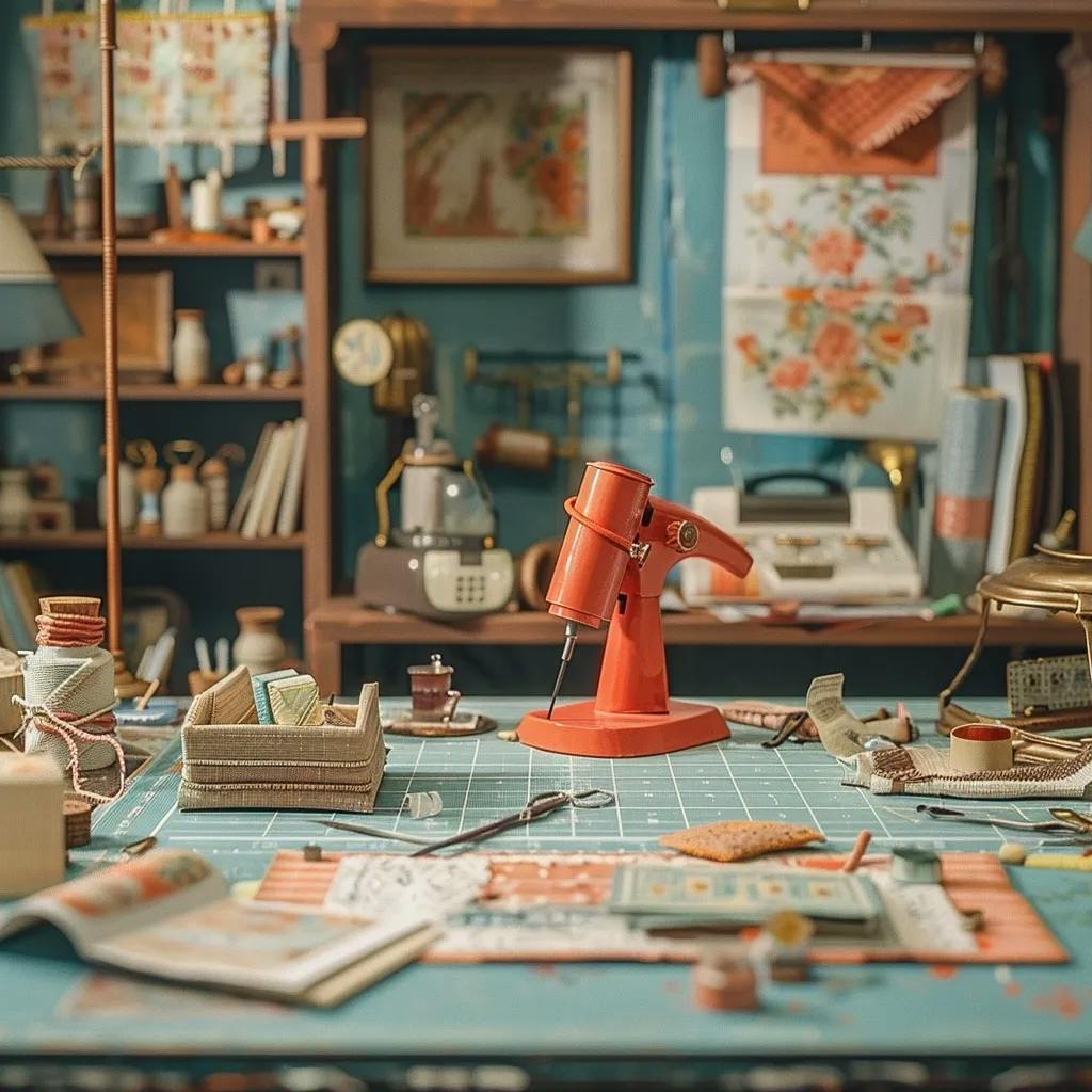 A vintage sewing room with a sewing machine, fabrics, and tools.