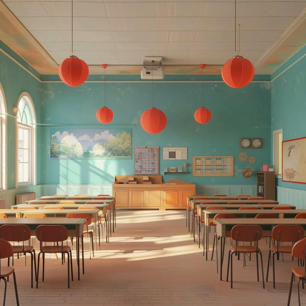 Sunny classroom with orange chairs, desks, and hanging lanterns. Decor includes educational posters and a projector.