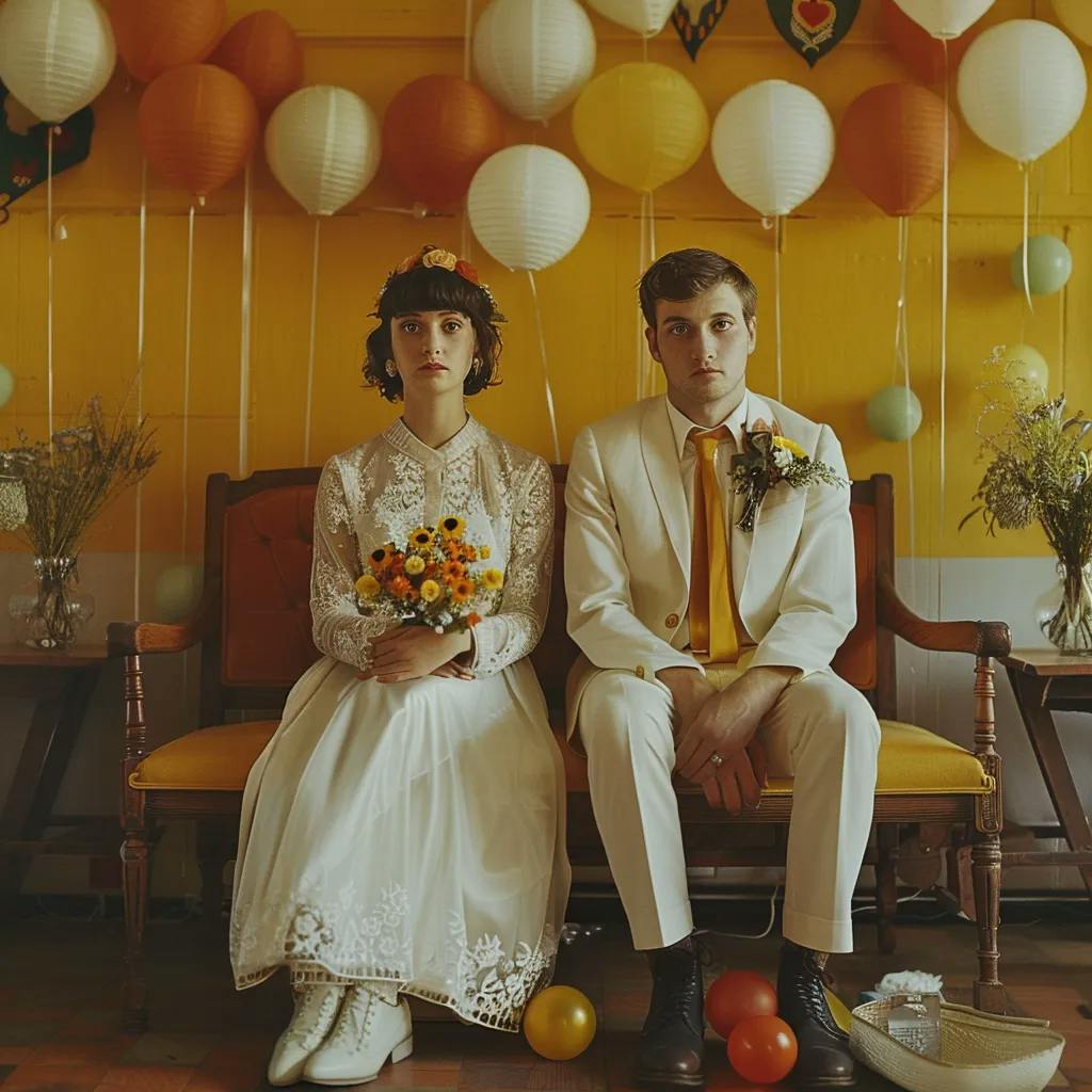 A couple in wedding attire sitting solemnly with balloons and flowers around them.
