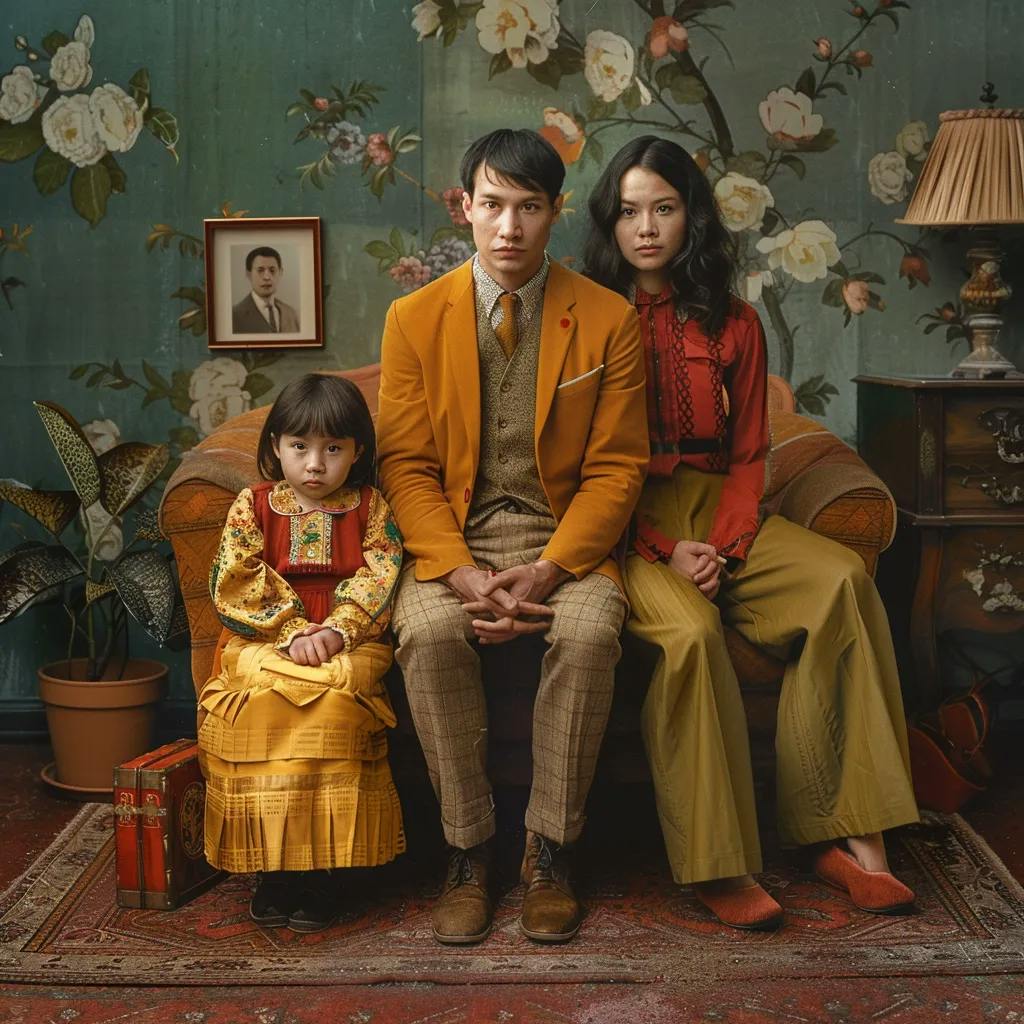 A stylized portrait of two adults and a child in vintage clothing, set in a room with retro decor.