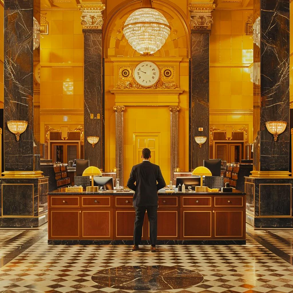 A man stands at a luxurious hotel reception with opulent gold and marble decor.