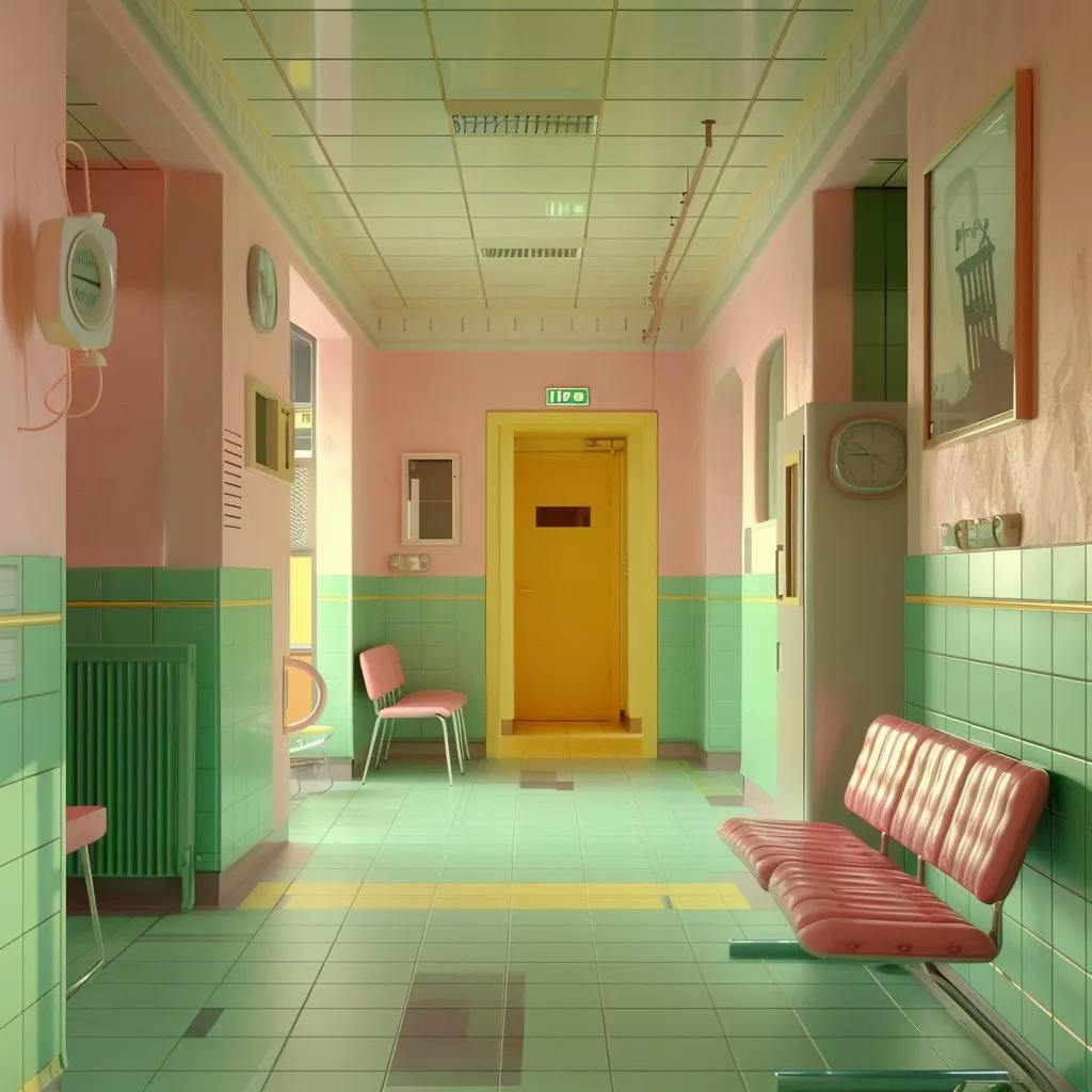 A pastel-colored hallway with chairs, tiled walls, and a yellow door.