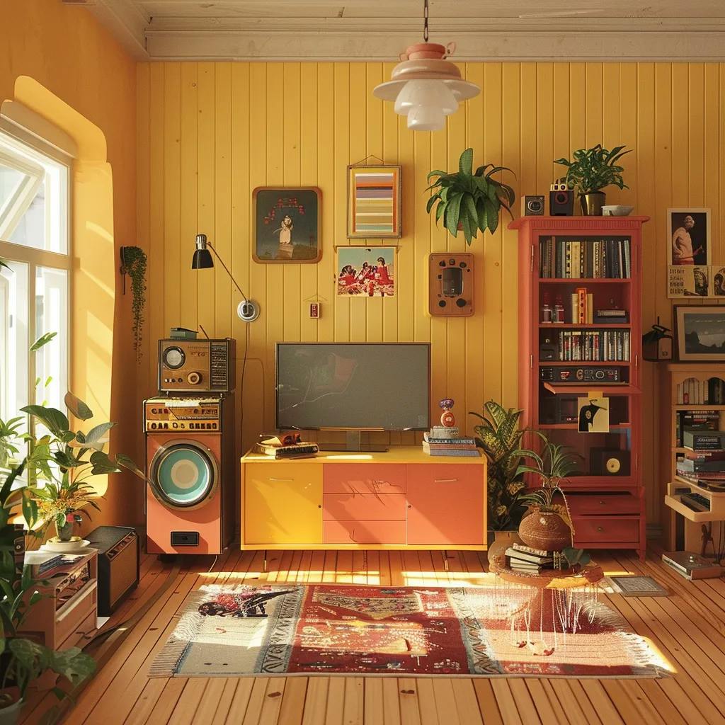 A cozy room with retro decor, plants, a TV, books, and a colorful rug.