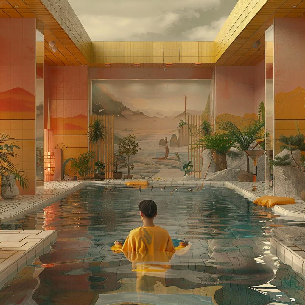 A person in a yellow top is floating in a pool with a surreal landscape mural in the background.