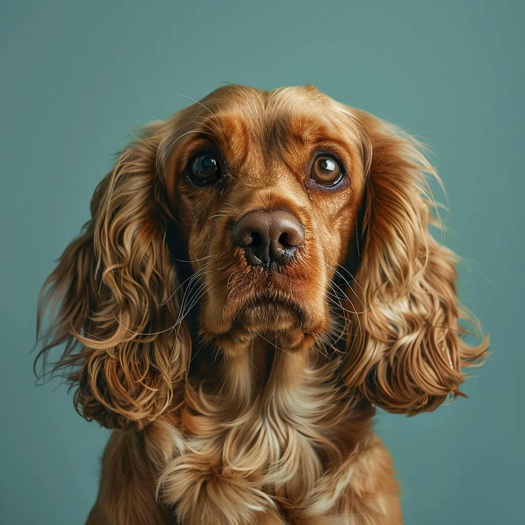 A close-up of a brown dog with floppy ears and soulful eyes against a teal background.