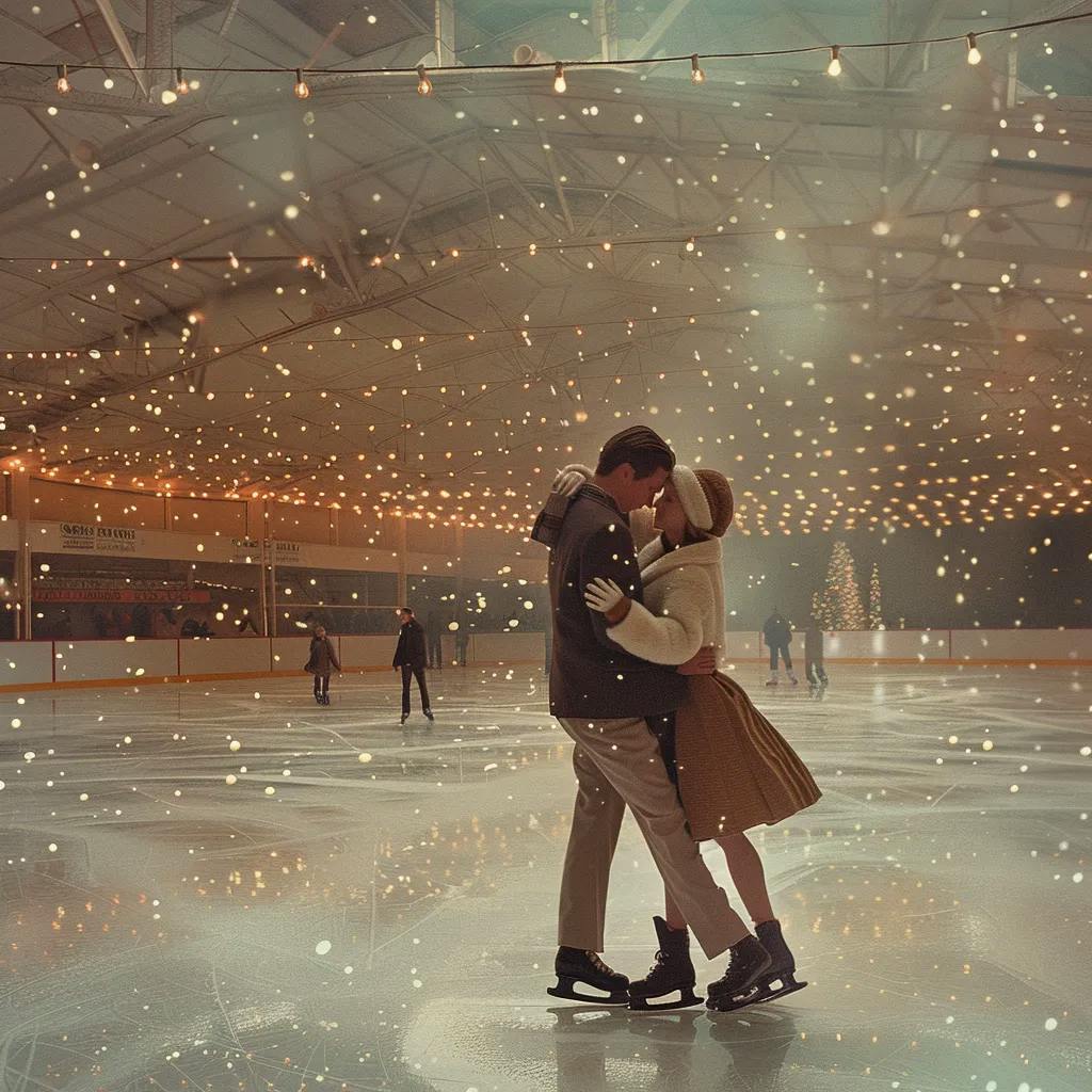 A couple is kissing while ice-skating in an indoor rink with festive lights and a Christmas tree.