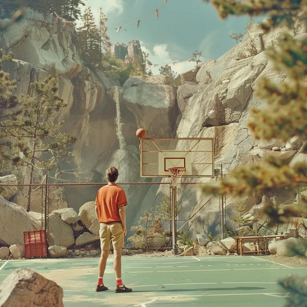 Person shooting a basketball on an outdoor court surrounded by rocks and trees.