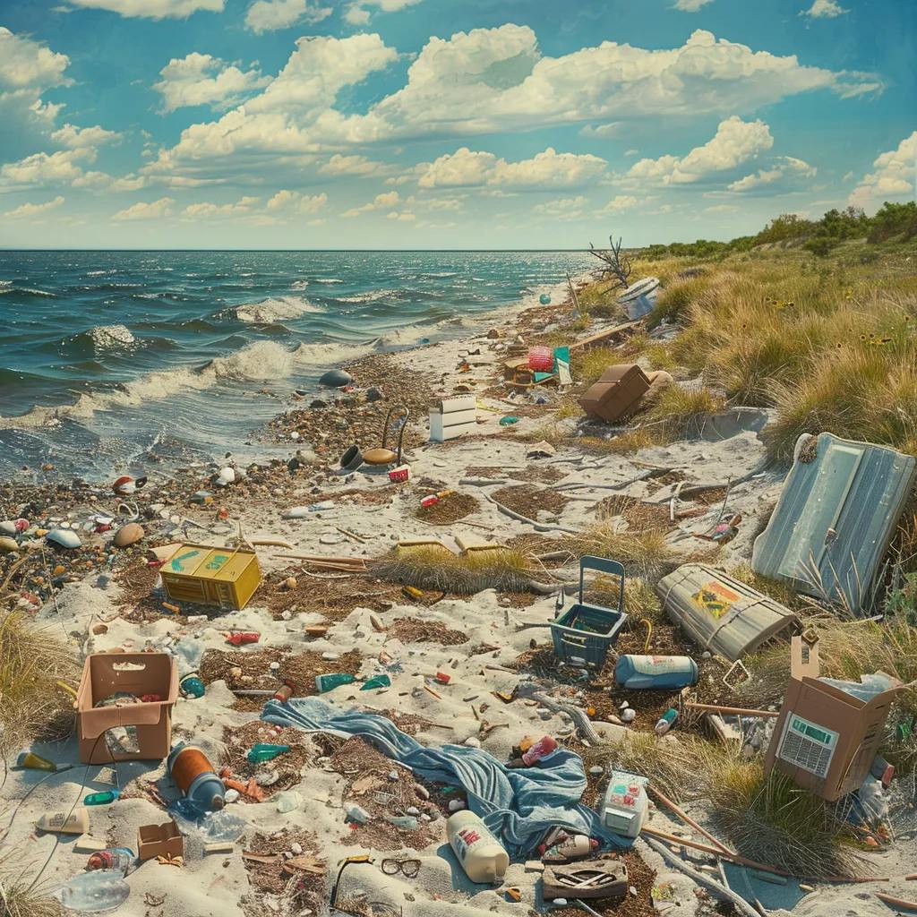 A littered beach with various trash scattered across the sand and water's edge.