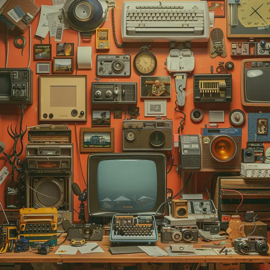 A collection of vintage electronics including cameras, TVs, radios, and a typewriter.