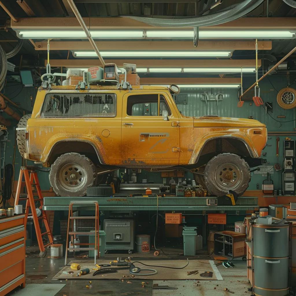 A muddy yellow SUV is elevated on a lift in a well-equipped, organized garage.