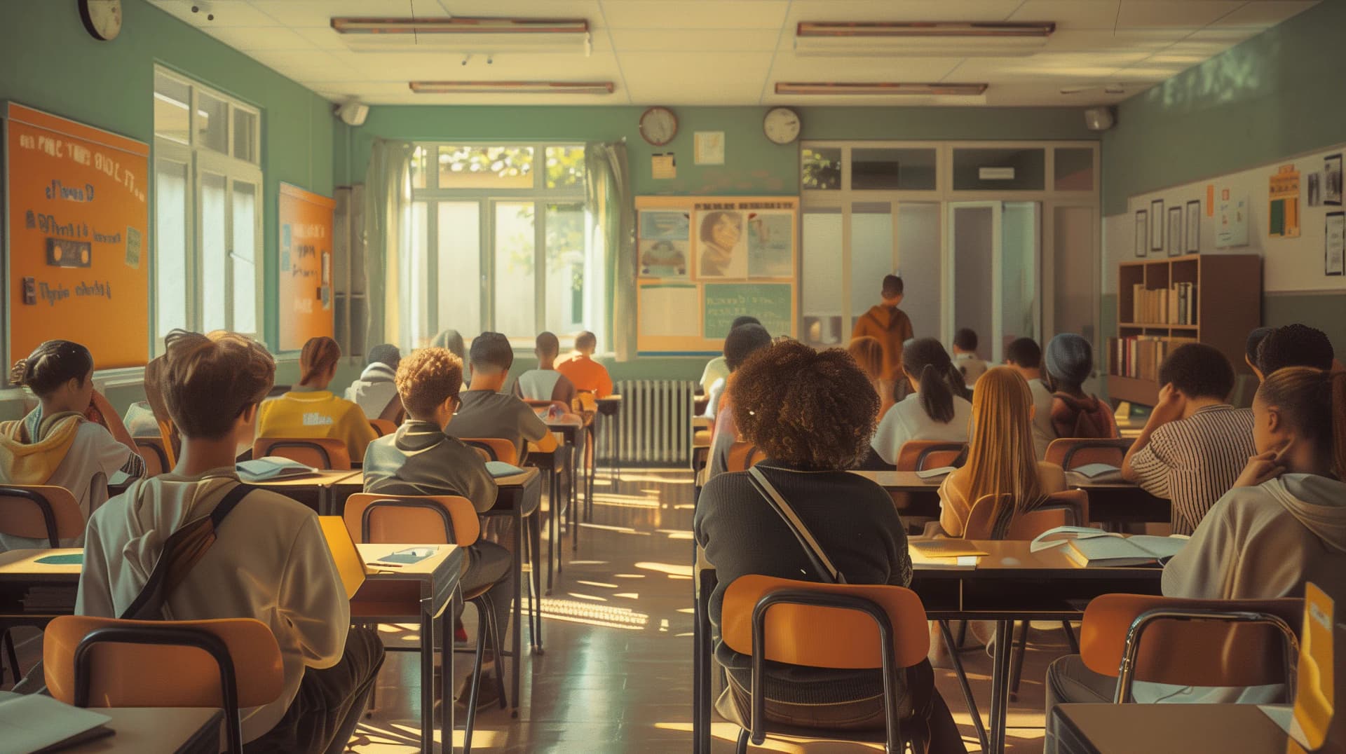 Students attentively listening in a sunlit classroom during a lecture.