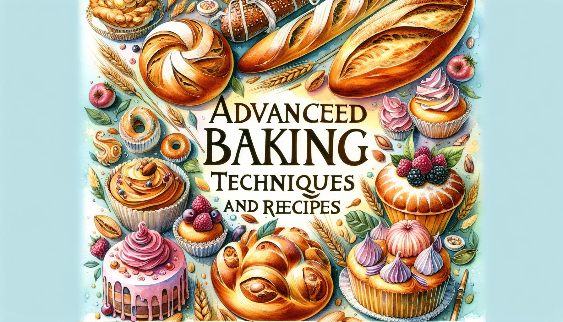 Advanced Baking Techniques and Recipes book cover featuring an assortment of beautifully illustrated baked goods, including bread, cupcakes, and pastries, set against a pastel botanical backdrop