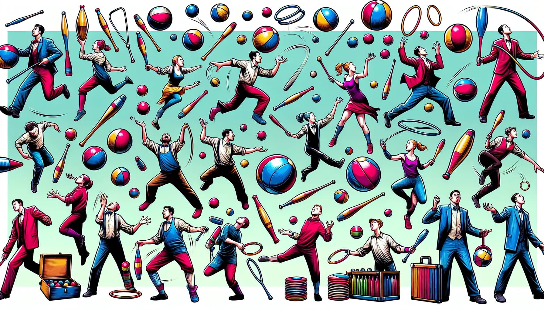 Colorful chaos at the juggling convention where everyone clings to their unique performance style