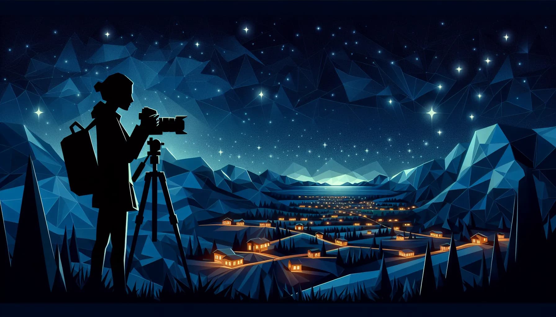 Photographer capturing the sparkling tranquility of a starlit mountain village