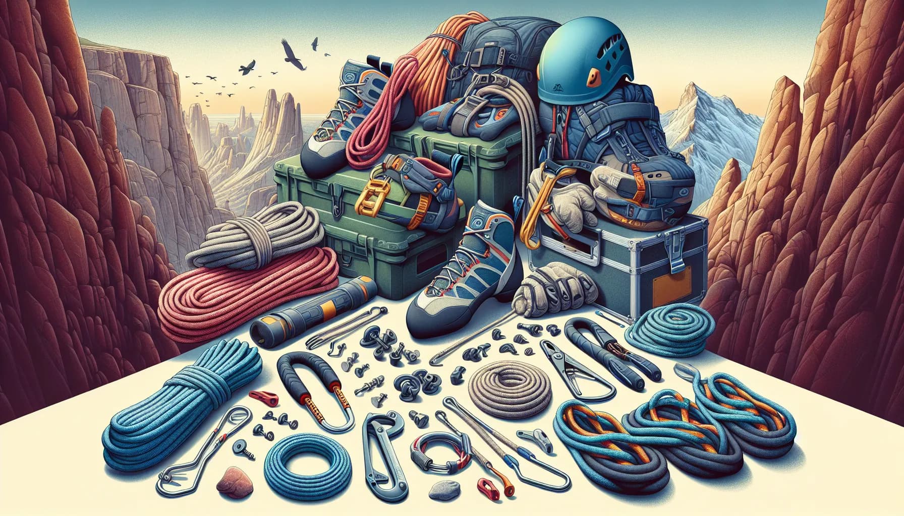 A climber's paradise meticulously laid out with gear and apparel against a dramatic mountainous backdrop