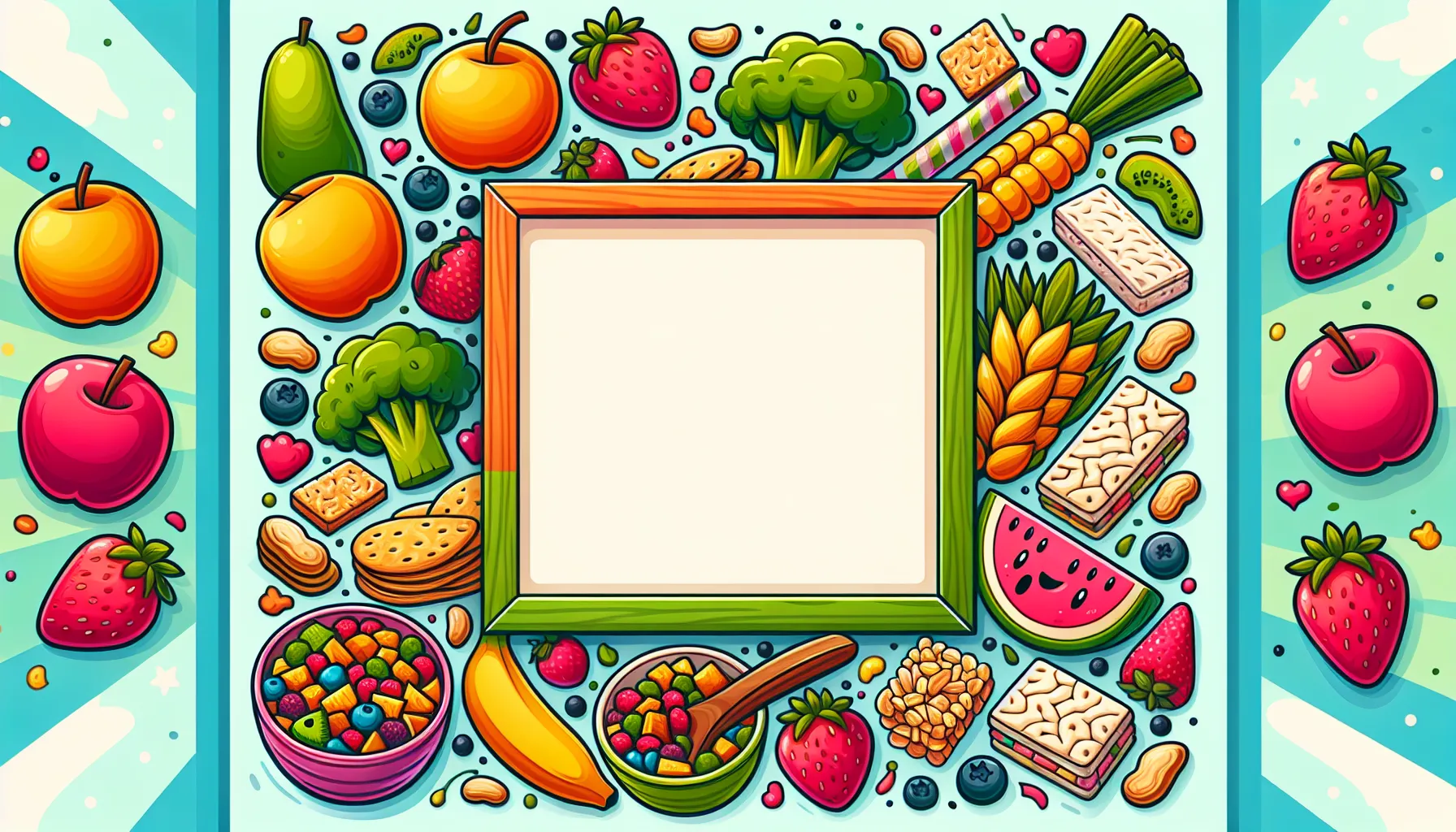 A colorful array of fruits and vegetables surrounds a blank white board, ready for a healthy menu or message