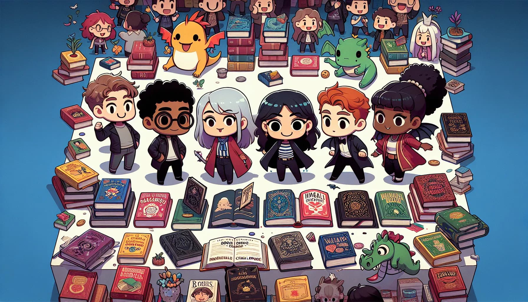 Animated study group surrounded by a colorful array of books and whimsical creatures