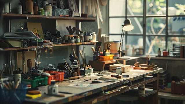 An art studio with various tools, paint, brushes, and workbenches by a window.