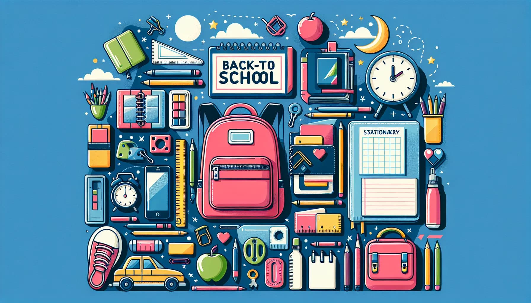 Back-to-school essentials organized in a playful, colorful collage featuring school supplies, books, and gadgets all set for a new academic adventure