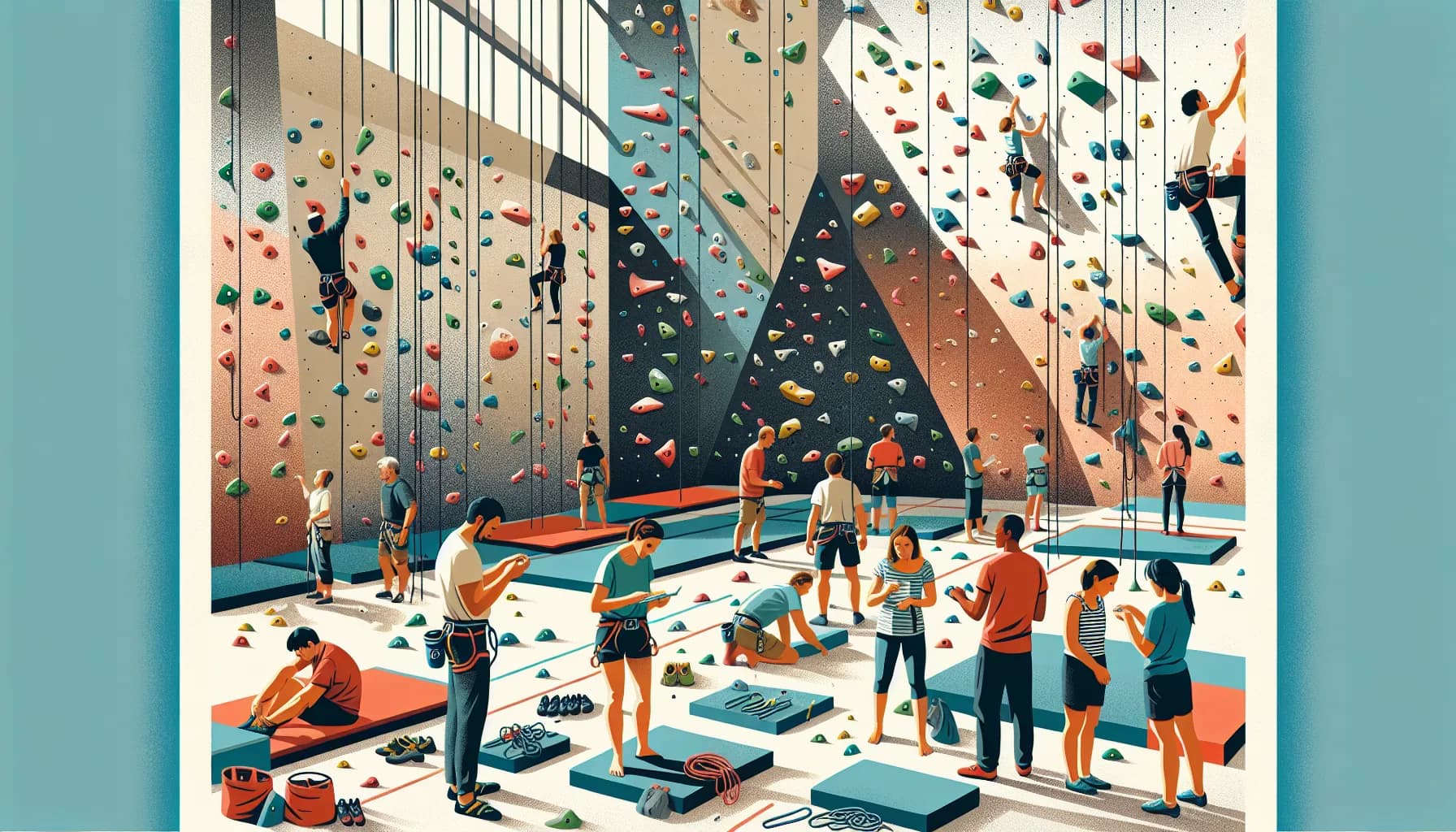 A bustling indoor climbing gym filled with climbers of various skill levels practicing on colorful routes and boulders, overseen by instructors ensuring safety and technique.