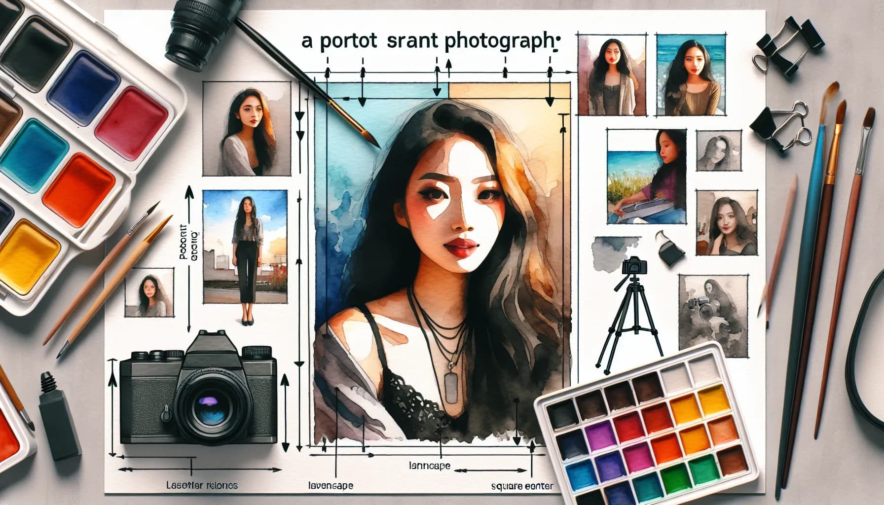 A portrait artist's desk with tools of creativity and photography featuring snapshots and illustrations of a young woman, blending inspiration from different mediums into a single artistic vision.
