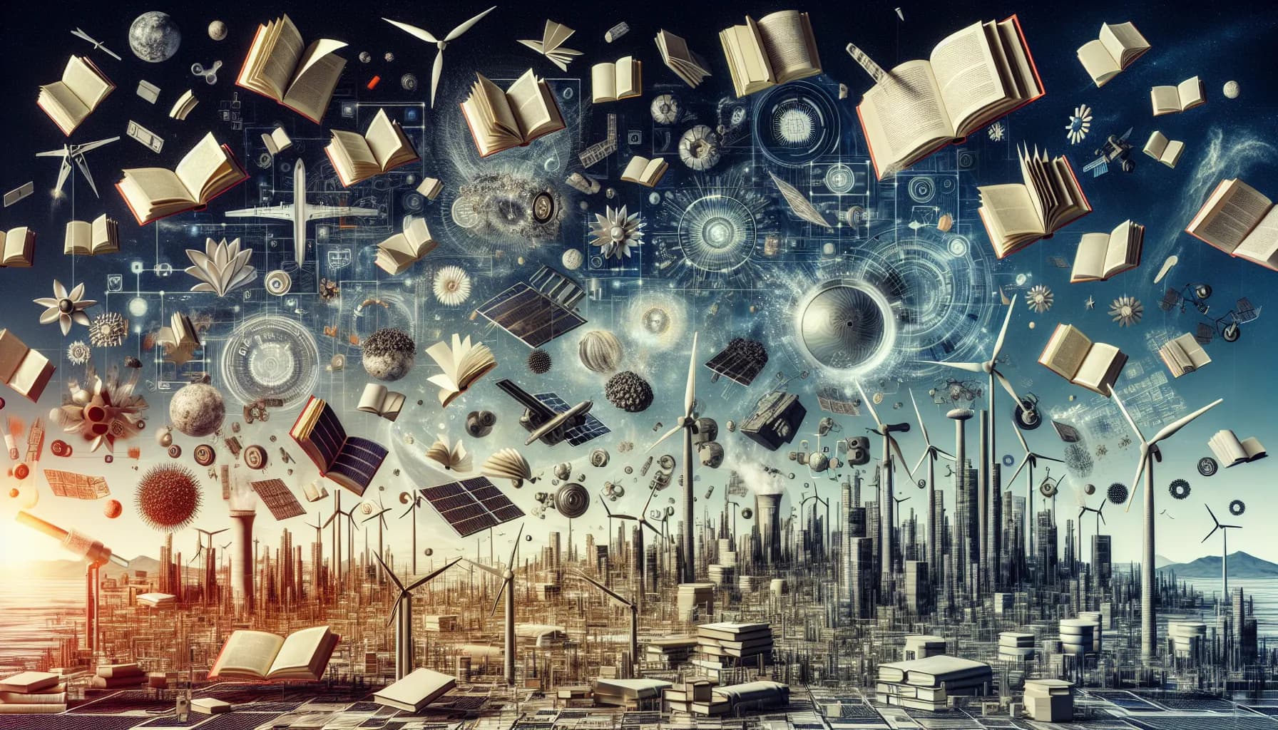 A fantastical cityscape where ideas and knowledge literally take flight, with books and technologies soaring above futuristic architectures under a dynamic, starlit sky.