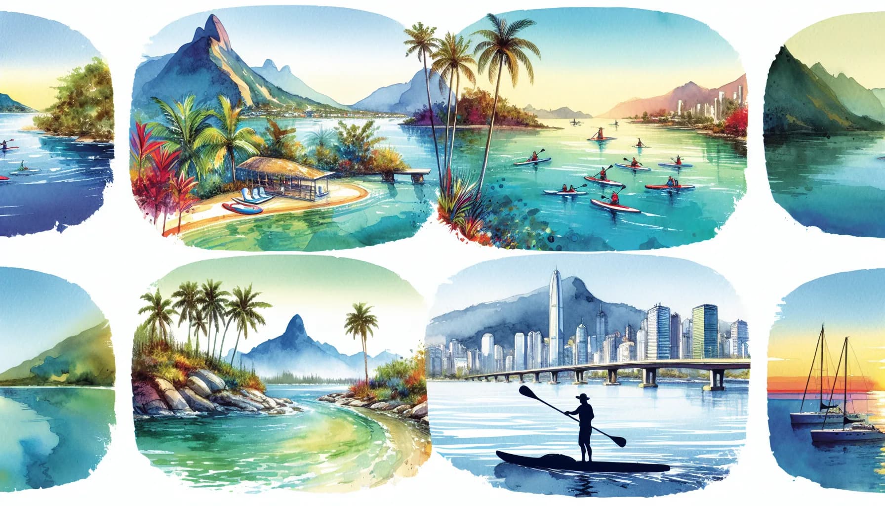 Scenic vistas from around the world: serene lakes, tropical beaches, bustling city waterfronts, and tranquil river paddling