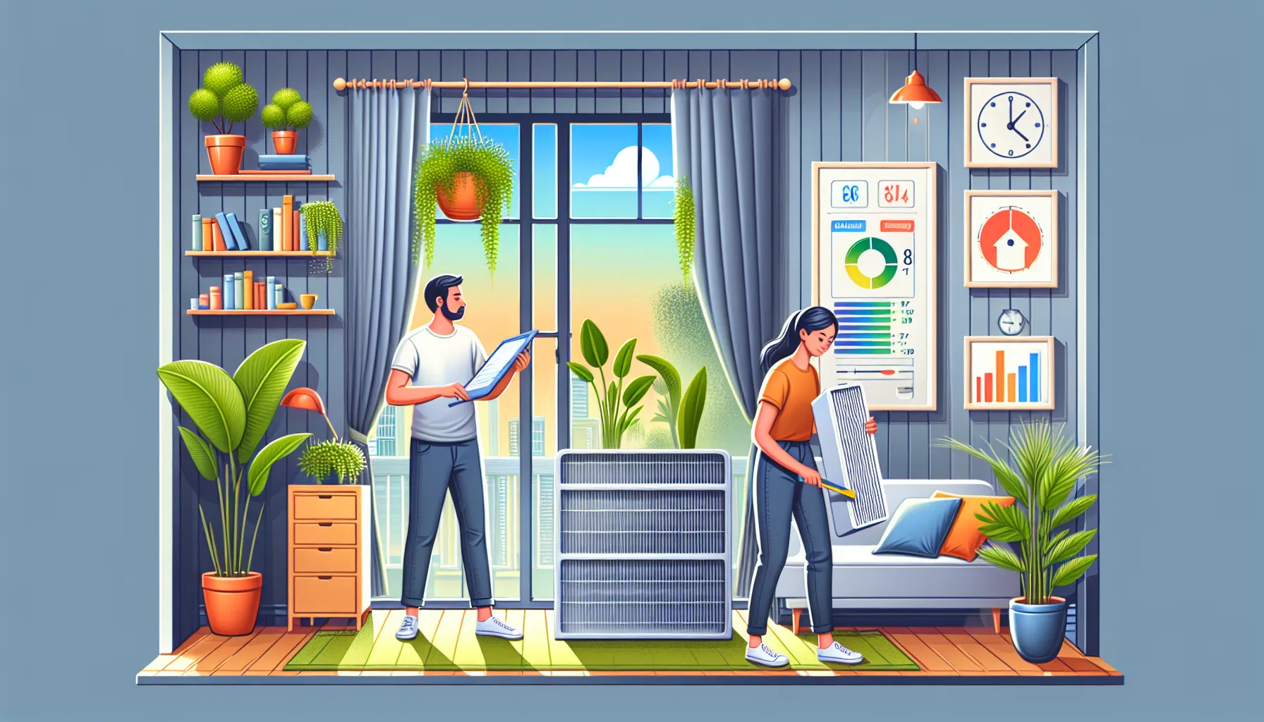 A man and a woman engage in spring cleaning in a cozy, well-decorated living room, surrounded by plants and modern decor while sunlight streams through the window.