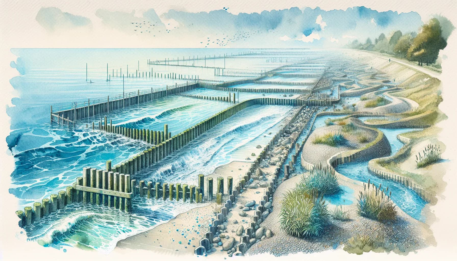 Artistic rendition of a coastal aquaculture farm employing advanced marine cultivation techniques