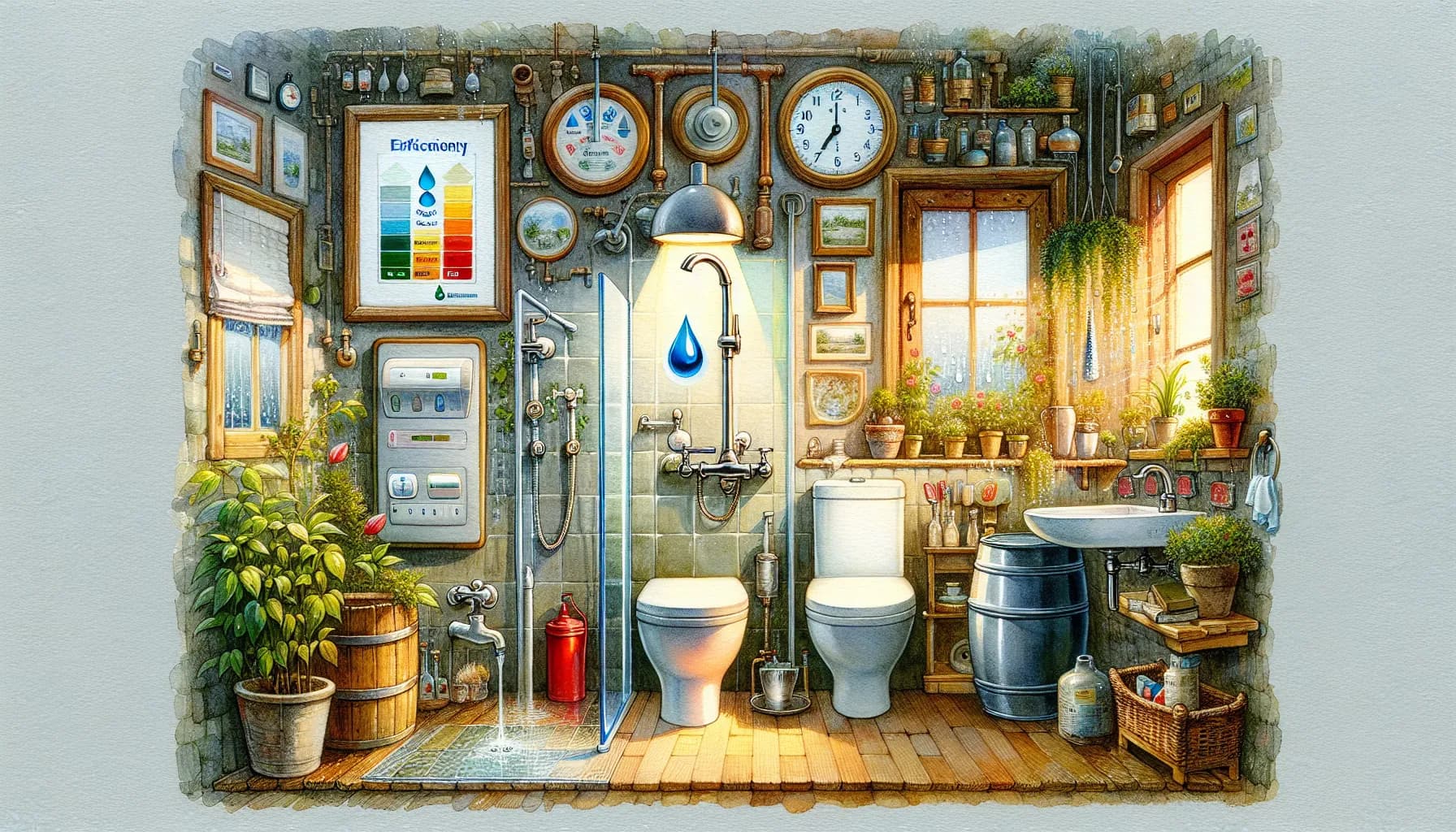 A charmingly cluttered vintage bathroom filled with clocks, plants, and an array of old-fashioned fixtures