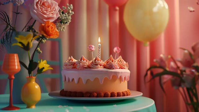 A birthday cake with one candle, flowers, a balloon, and a drink in a festive setting.