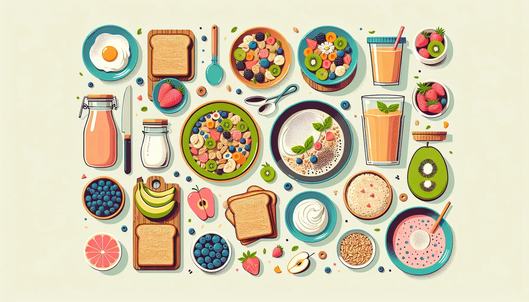 A colorful and well-rounded breakfast spread featuring an assortment of fruits, cereals, and beverages