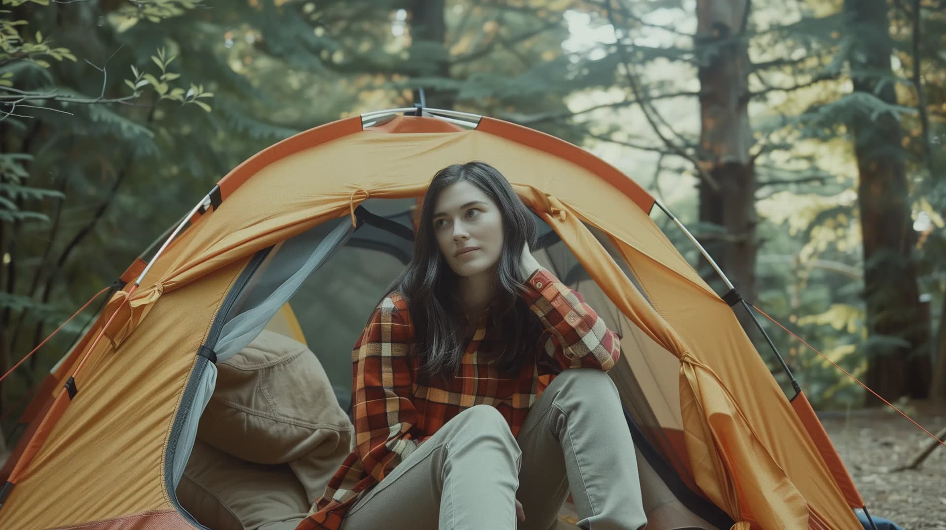 A cozy campsite with a tent, lanterns, camera, books, and outdoor gear in a forest.