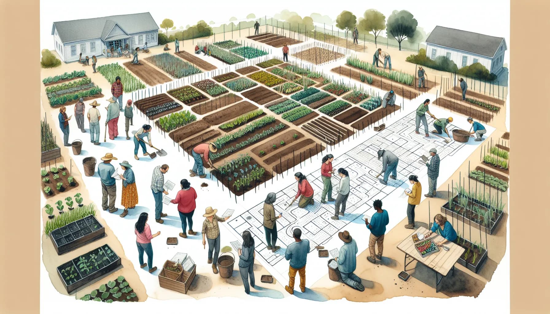 Community garden bustling with activity as people of all ages come together to plant, tend, and harvest diverse crops