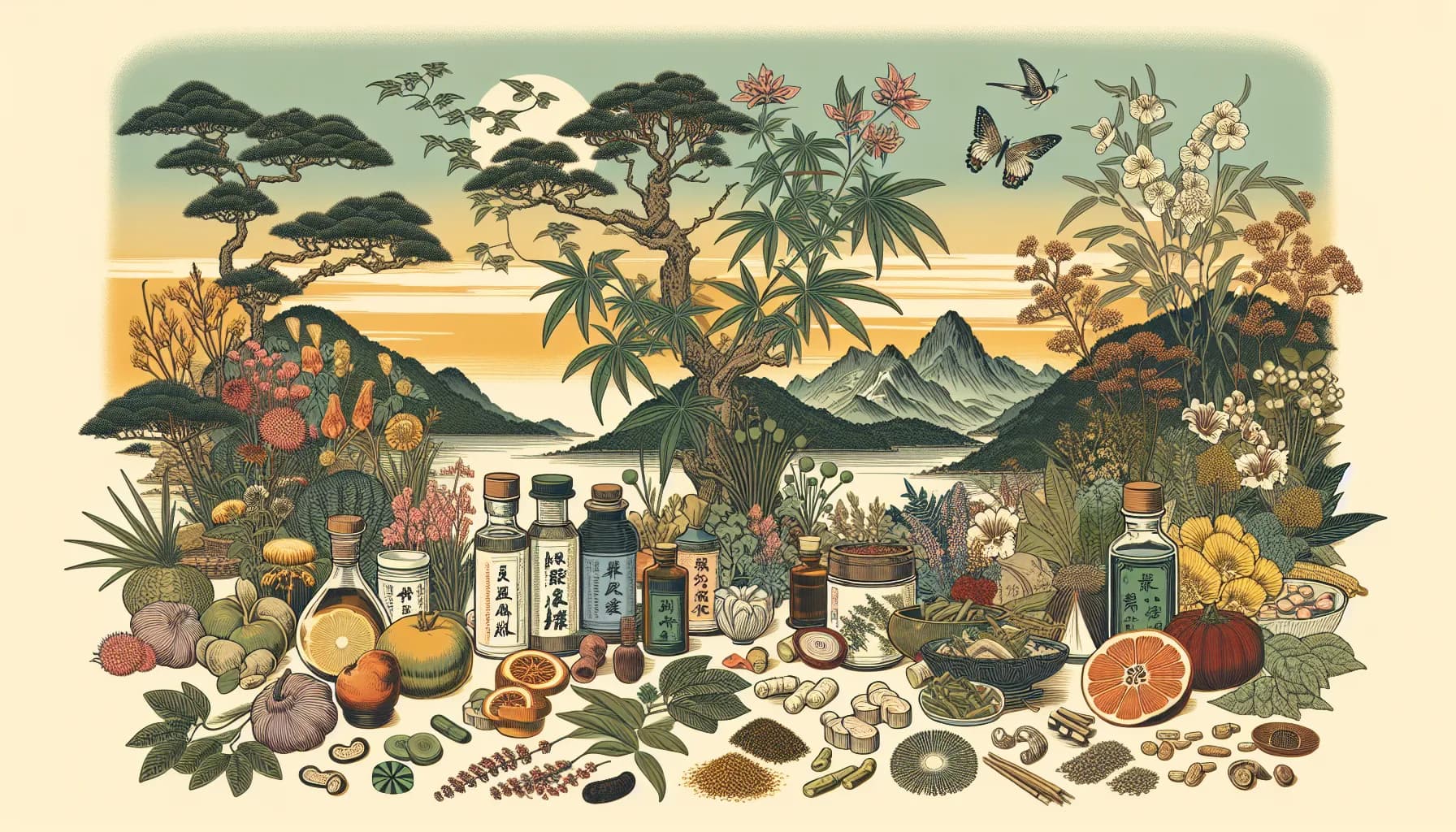 A vibrant tableau of nature's bounty featuring a serene landscape with diverse flora and fauna, alongside an array of traditional Asian food ingredients and products, under a peaceful sunset.