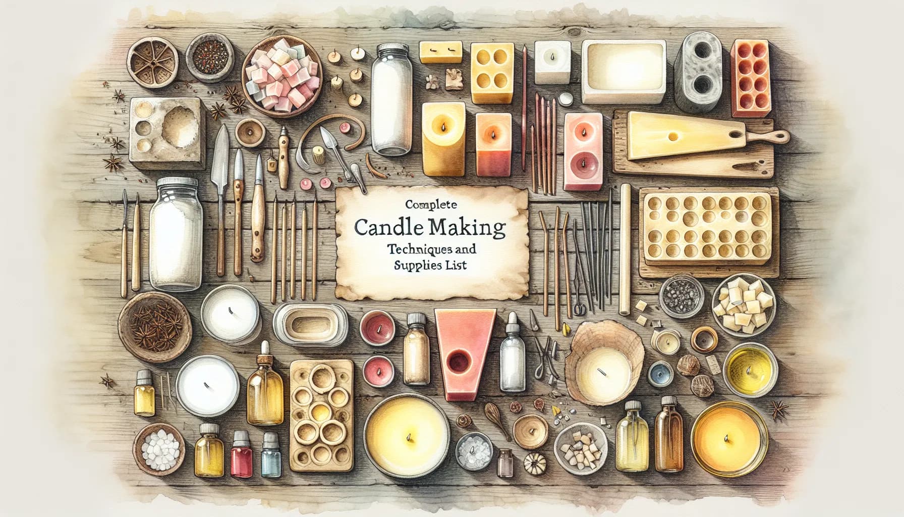 An illustrated guide to candle making, showcasing tools and materials for creating unique and aromatic candles.