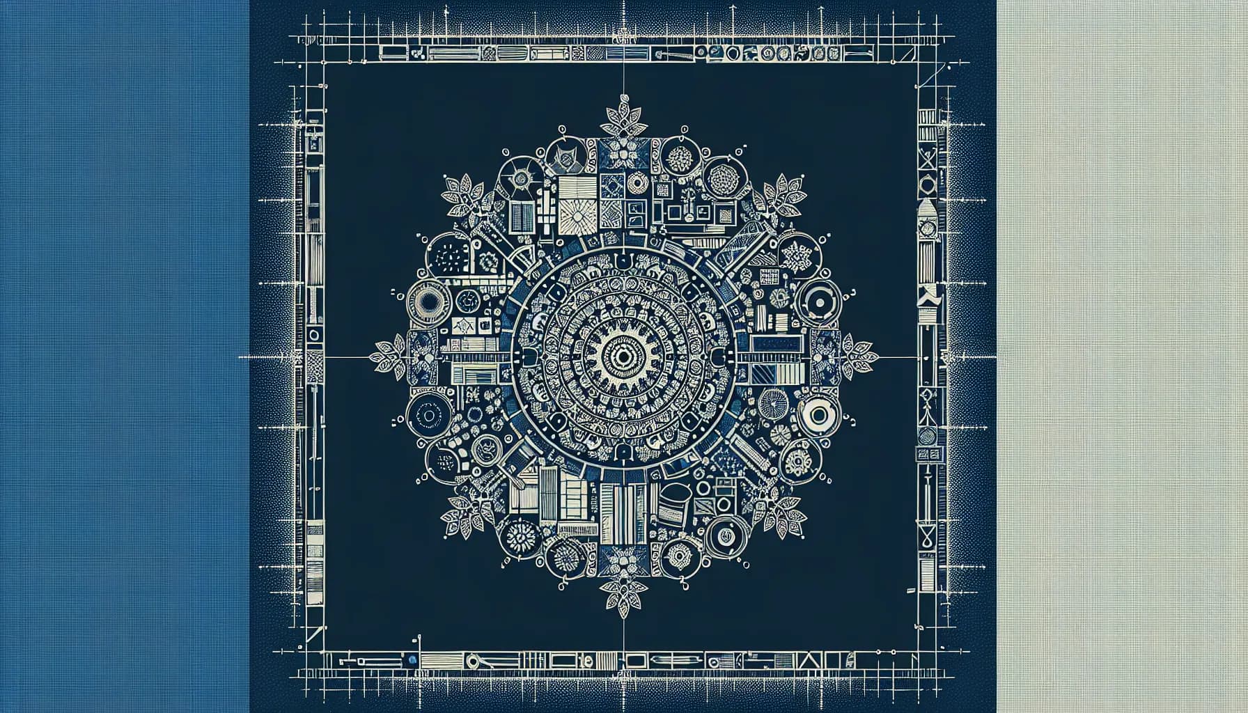 Intricate mandala design combining mechanical and ornamental elements against a deep blue background