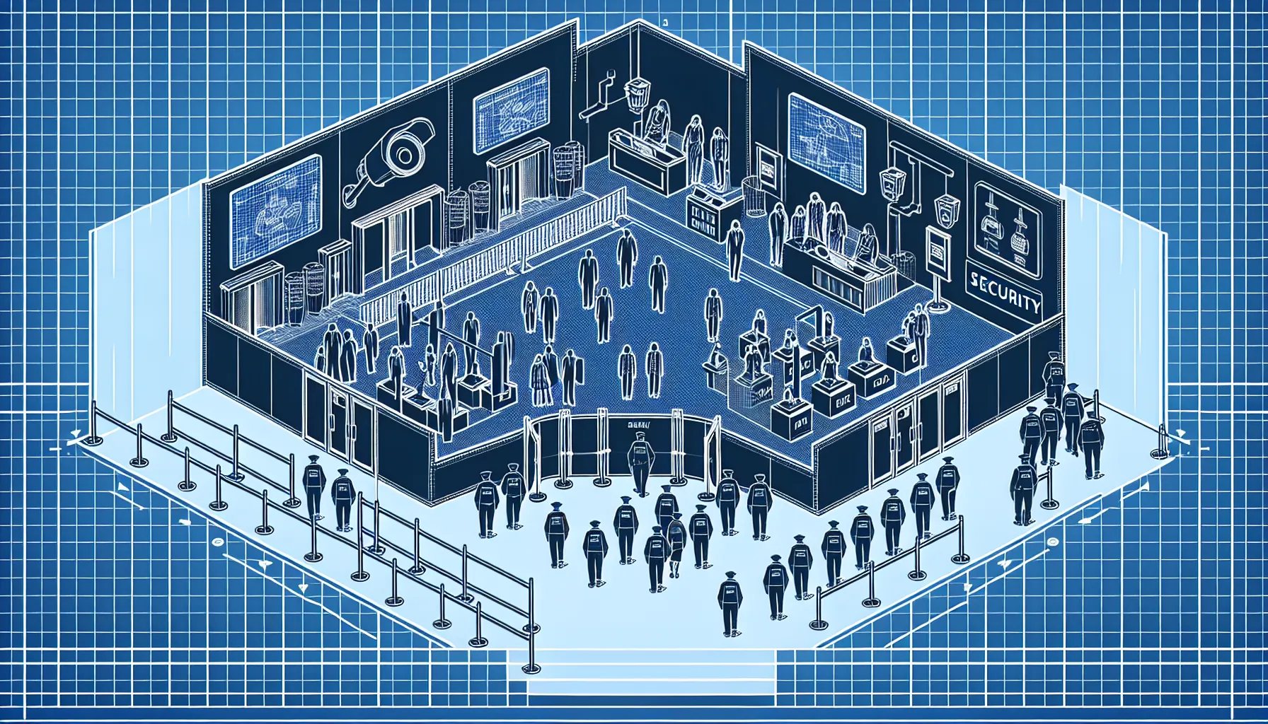 Isometric view of a busy corporate office environment with various activities including meetings, discussions, and work on computers, all set in a transparent, blueprint-style design.