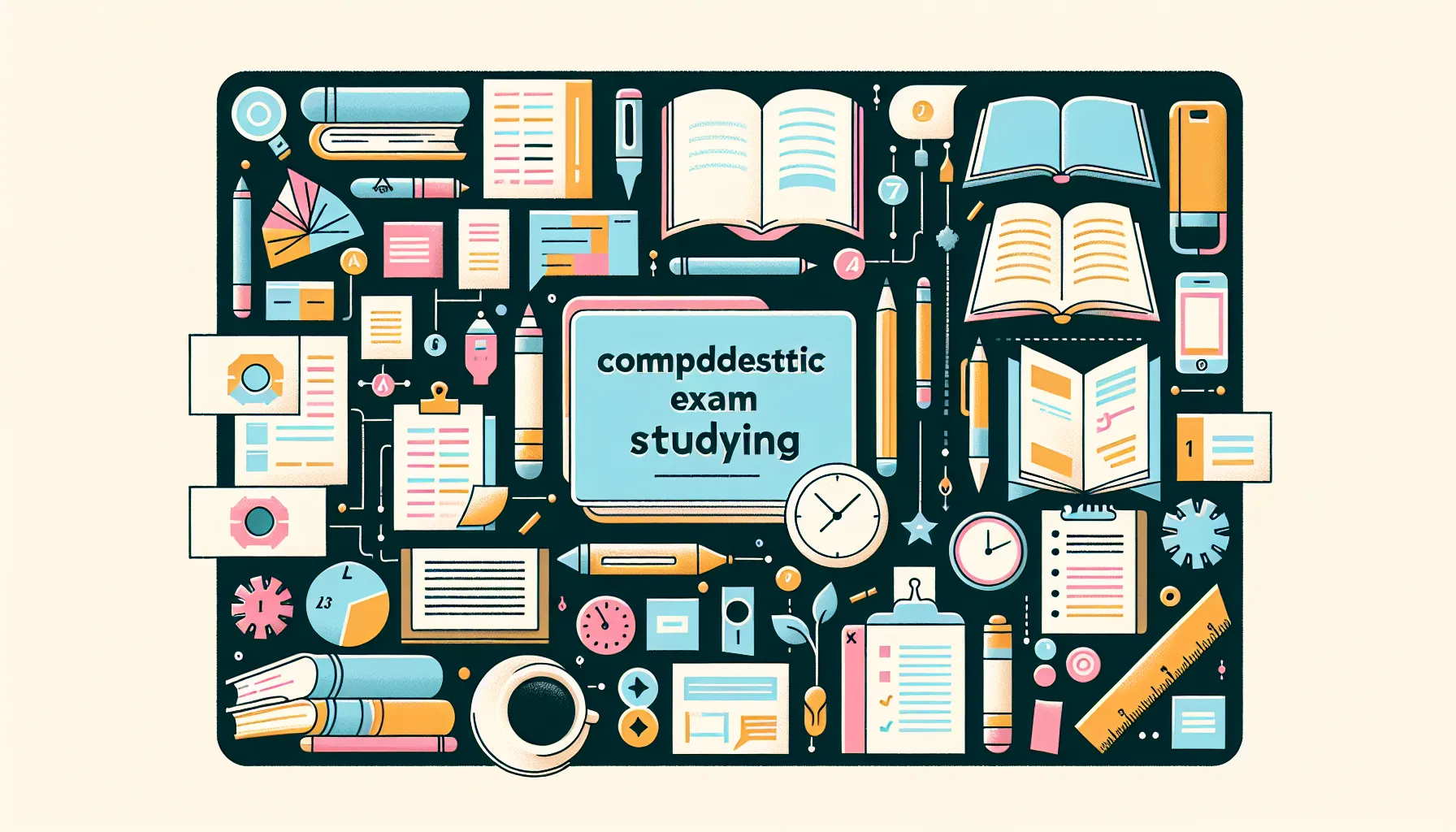 Academic exam preparation toolkit with books, stationery, and digital devices neatly organized around a central clock, highlighting time management and organized studying methods
