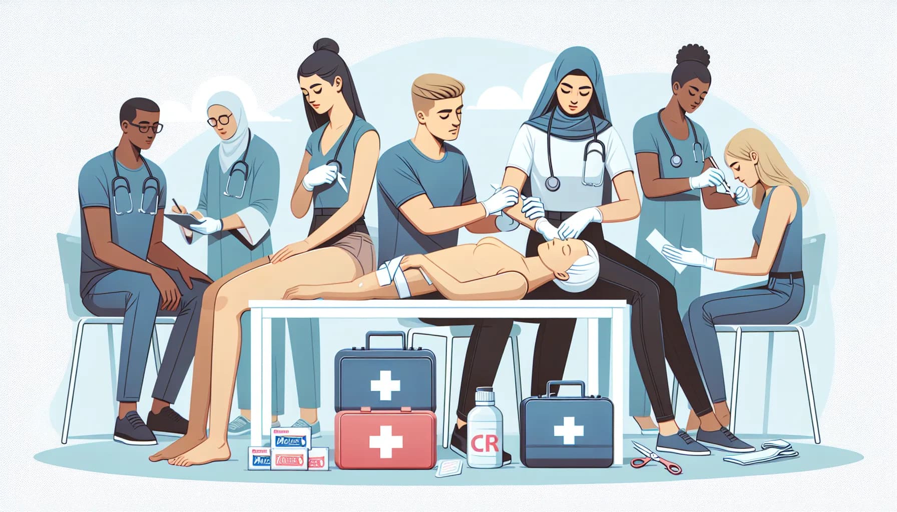 Diverse group of healthcare professionals and volunteers collaboratively working at a blood donation drive