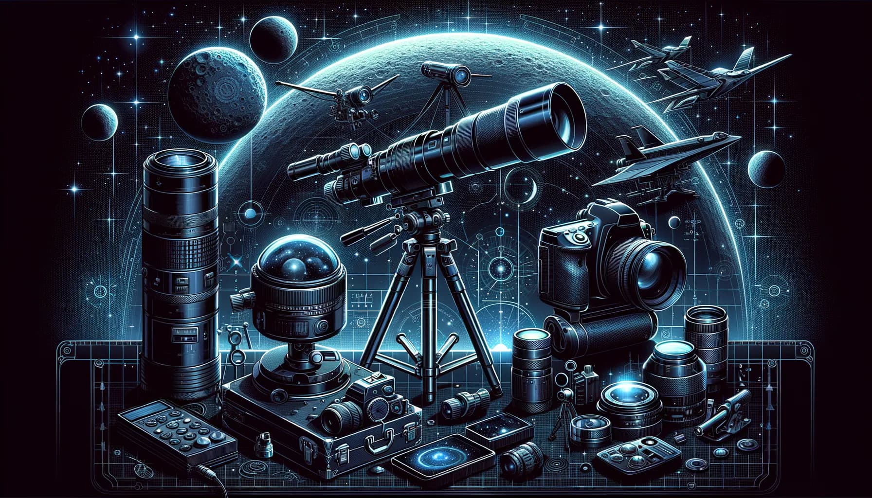 A cosmic assembly of astronomy tools enveloped in the mysteries of the universe