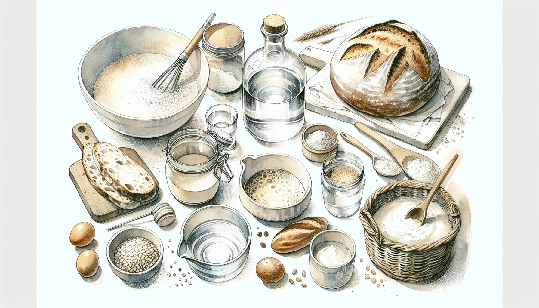 Art of bread making with all its ingredients and tools laid out