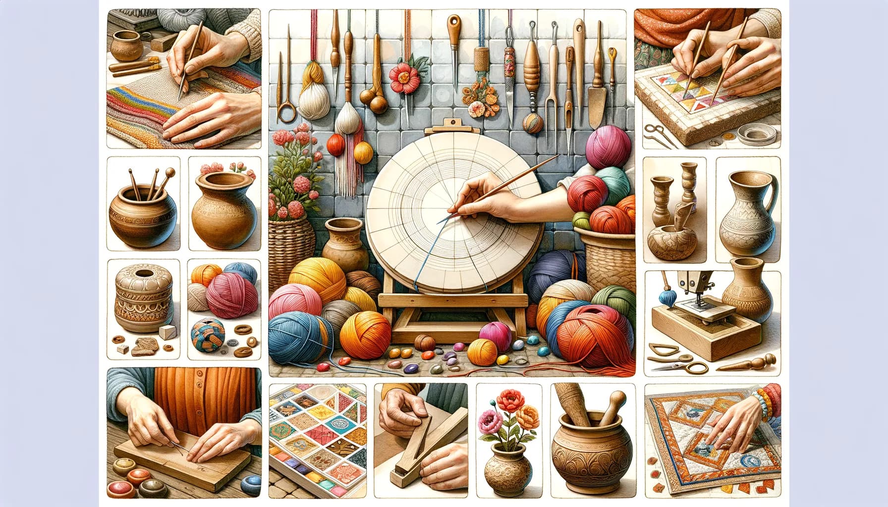 A detailed collage showcasing the traditional art of pottery making and the tools and materials used in the craft