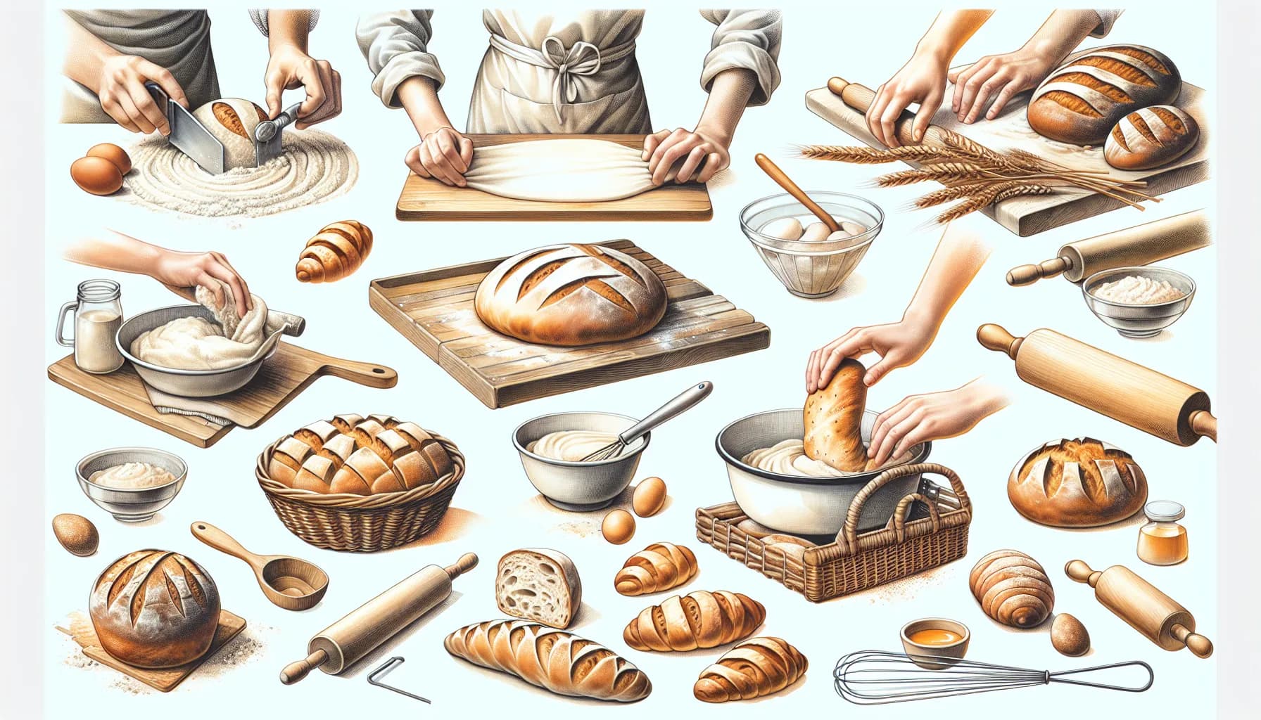 A collage showcasing the art of baking with various hands preparing dough and an assortment of deliciously baked breads and pastries