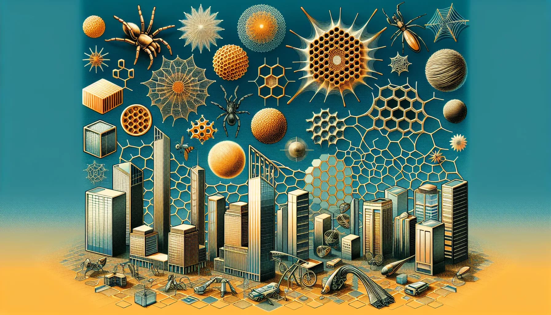 A city skyline seamlessly blends into an array of geometric and organic shapes, depicting a fusion of urban development and abstract concepts of nature and science.