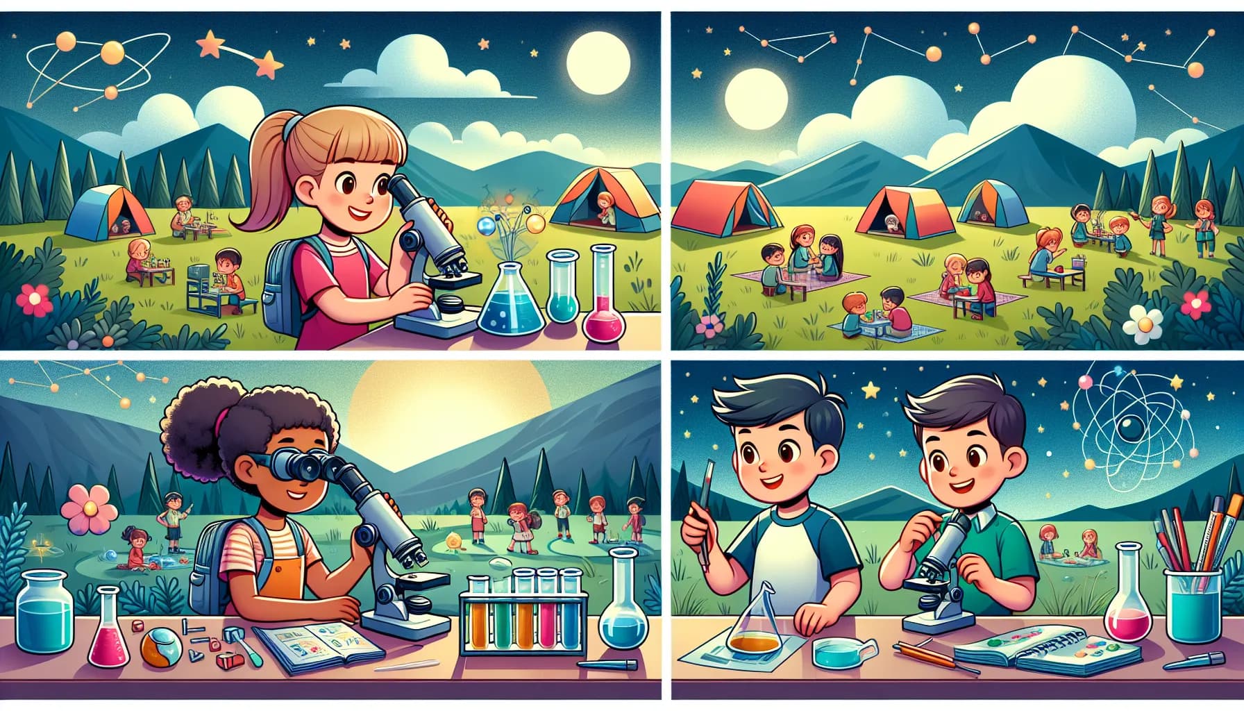 Four vibrant scenes showcasing children engaged in science activities outdoors at night, from examining fauna and mixing chemicals to stargazing and conducting experiments, all set against a backdrop of a starlit campsite in the mountains.